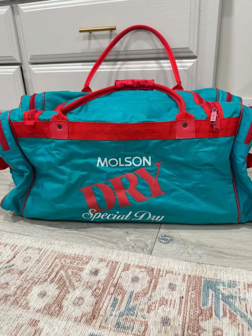 Vintage Molson Dry Special Dry Duffel Bag Teal Red Retro Gym Travel Weekender